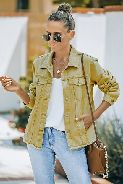 Distressed Raw Hem Denim Jacket-Teresa&#39;s Fashionista LLC