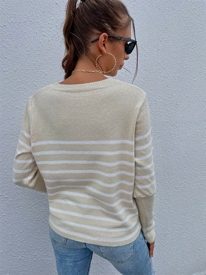 Striped Decorative Button Knit Top-Teresa&#39;s Fashionista LLC