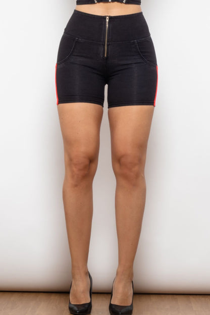 Full Size Side Stripe Zip Closure Denim Shorts-Teresa&#39;s Fashionista LLC