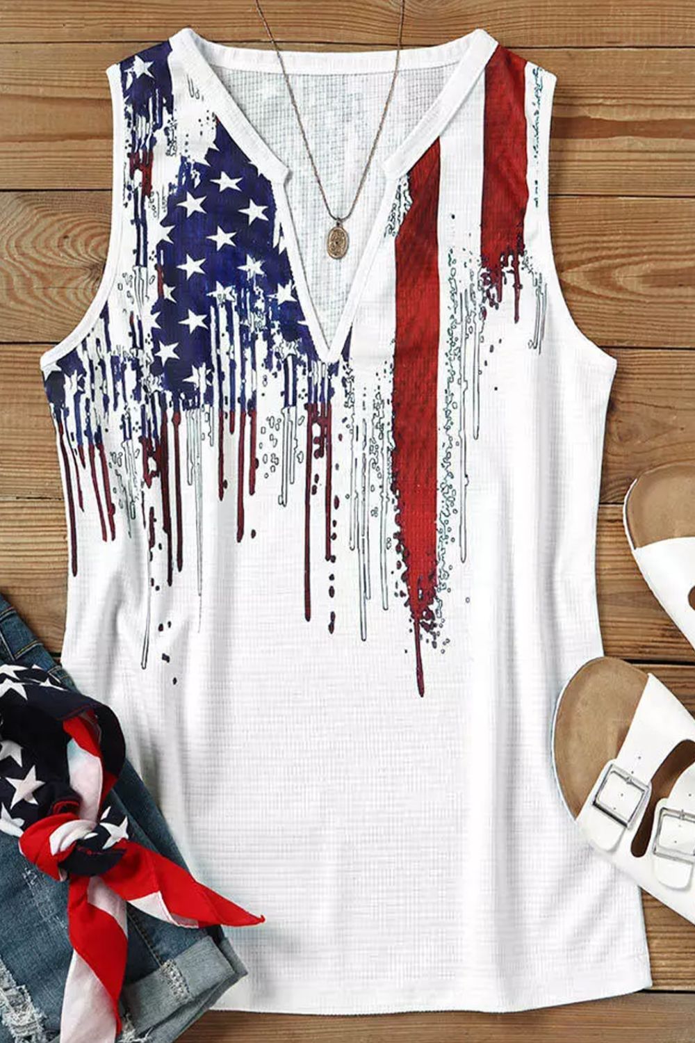 US Flag Notched Neck Tank-Teresa&#39;s Fashionista LLC