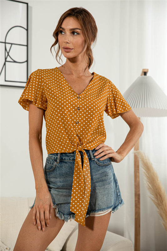 Decorative Button V-Neck Tied Blouse-Teresa&#39;s Fashionista LLC