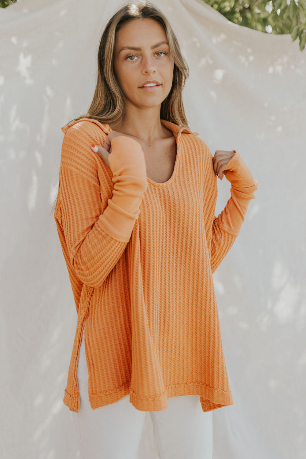 Waffle-Knit Slit Drop Shoulder Top-Teresa&#39;s Fashionista LLC