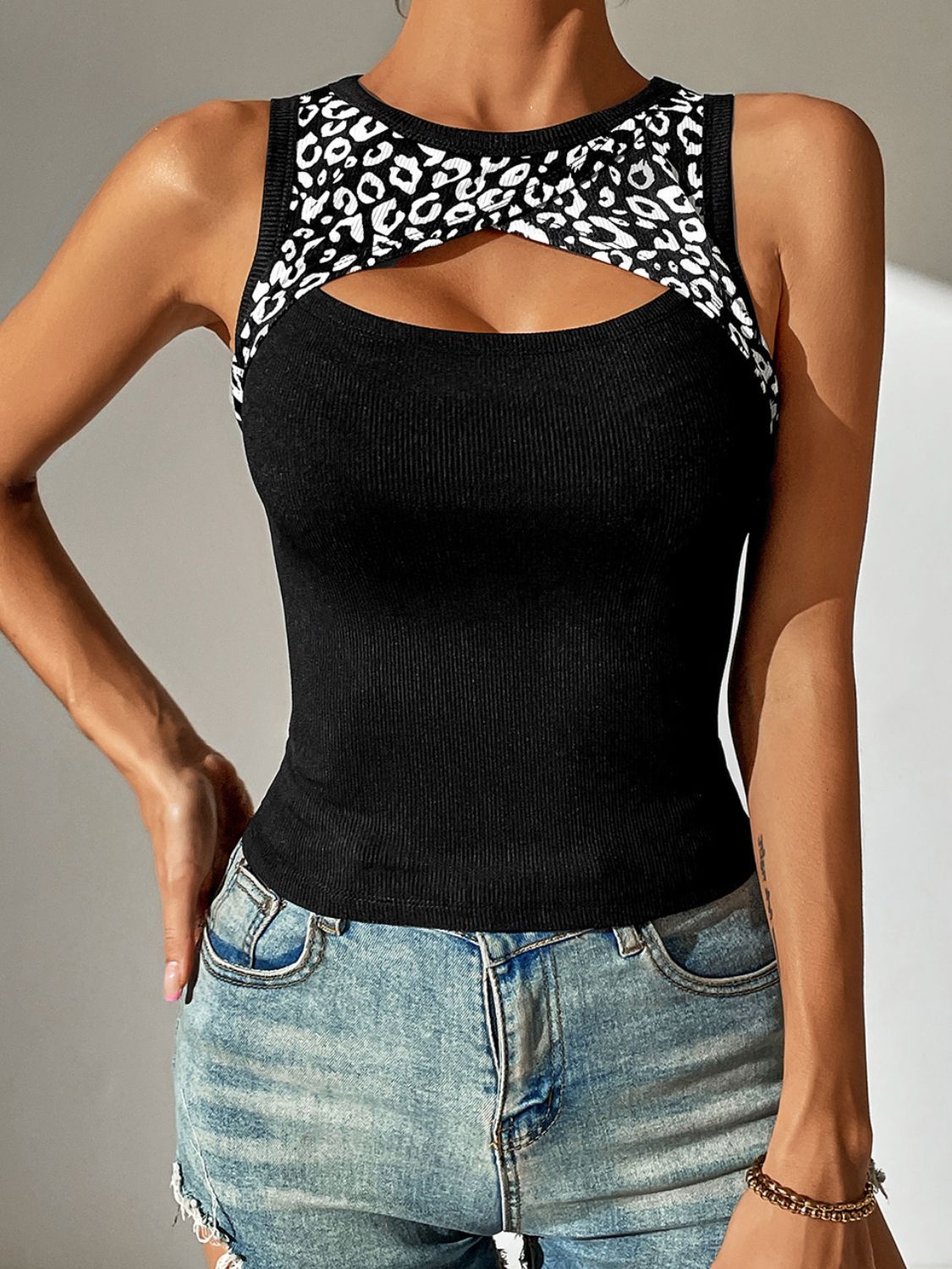 Leopard Cutout Round Neck Tank-Teresa&#39;s Fashionista LLC