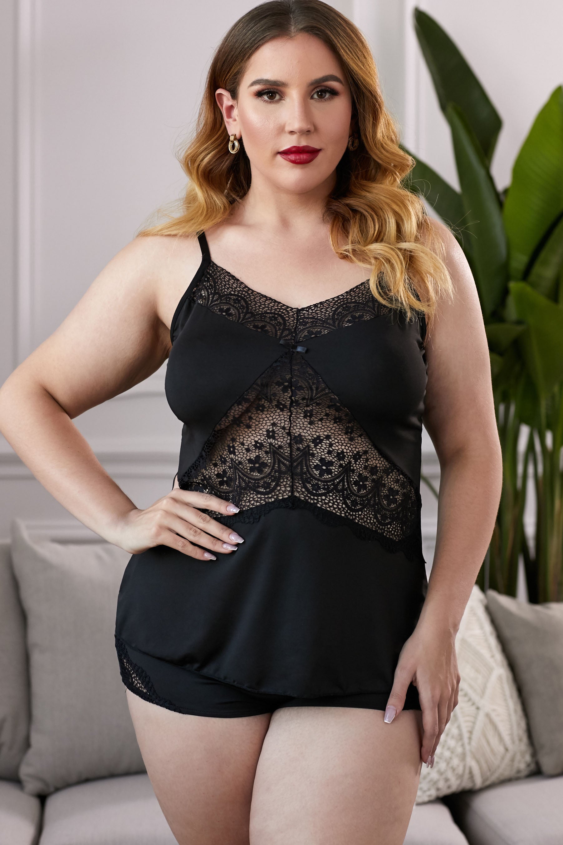 Lace Insert Plus Size Pajamas Set-Teresa&#39;s Fashionista LLC