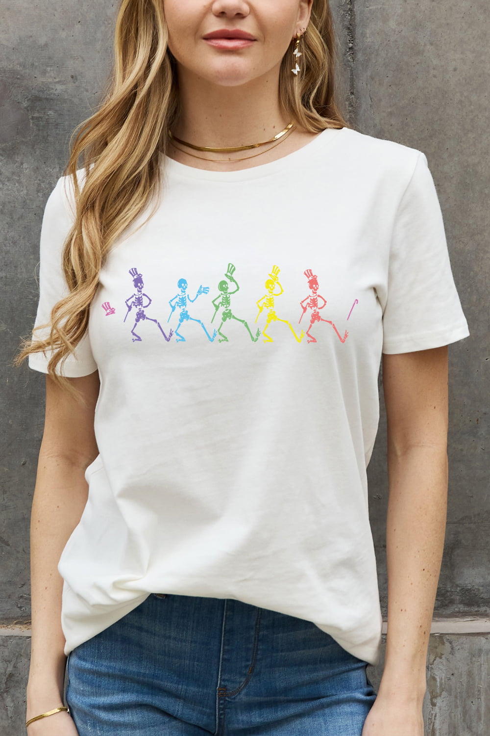 Simply Love Full Size Dancing Skeleton Graphic Cotton Tee-Teresa&#39;s Fashionista LLC