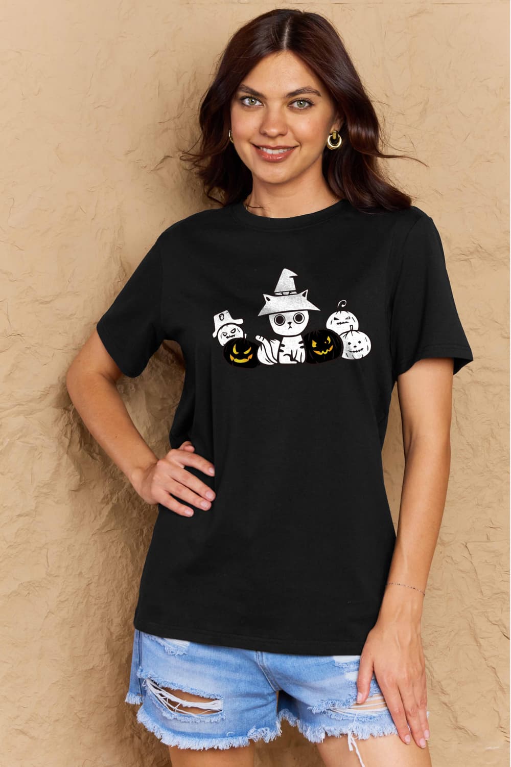 Simply Love Full Size Cat & Pumpkin Graphic Cotton T-Shirt-Teresa&#39;s Fashionista LLC