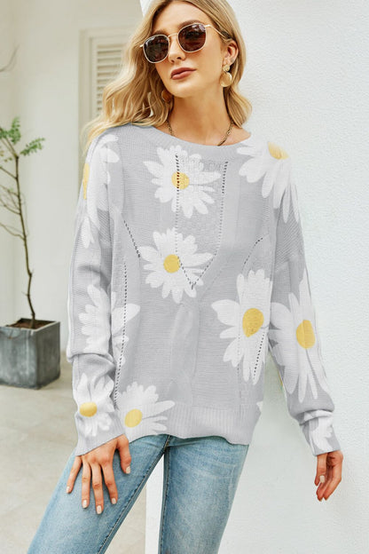 Daisy Print Openwork Round Neck Sweater-Teresa&#39;s Fashionista LLC