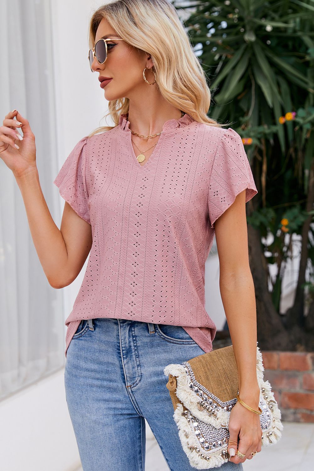 Notched Neck Puff Sleeve Blouse-Teresa&#39;s Fashionista LLC