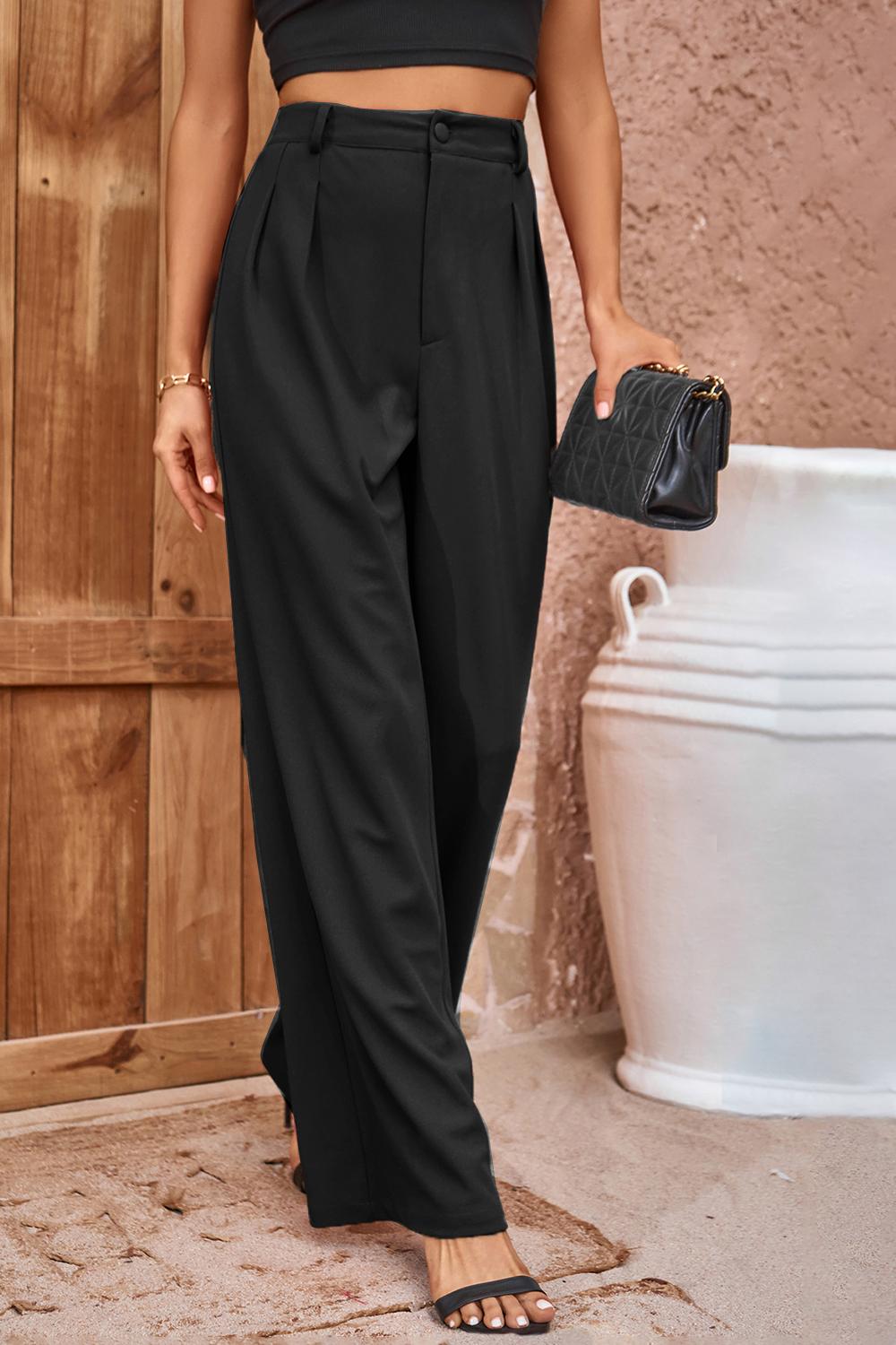 Pleated Detail Straight Leg Pants-Teresa&#39;s Fashionista LLC