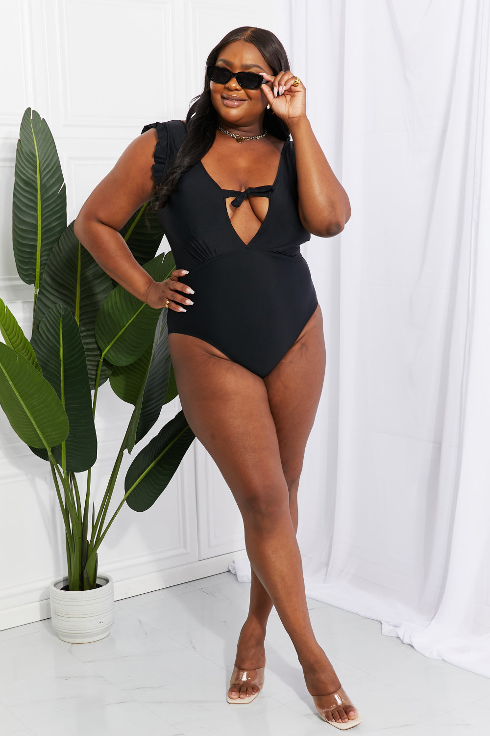 Marina West Swim Seashell Ruffle Sleeve One-Piece in Black-Teresa&#39;s Fashionista LLC