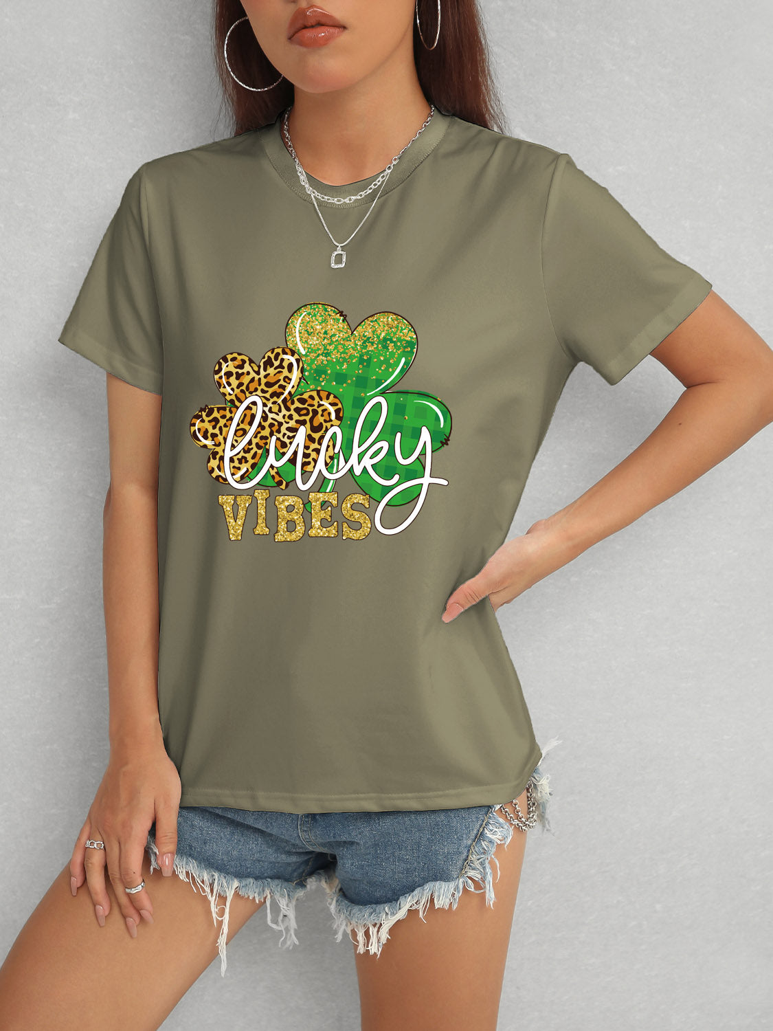 LUCKY VIBES Round Neck Short Sleeve T-Shirt-Teresa&#39;s Fashionista LLC