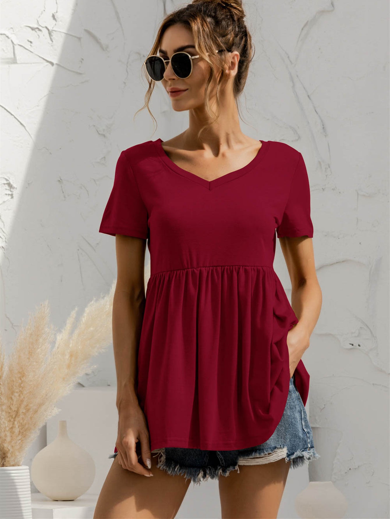 V-Neck Short Sleeve Babydoll Top-Teresa&#39;s Fashionista LLC