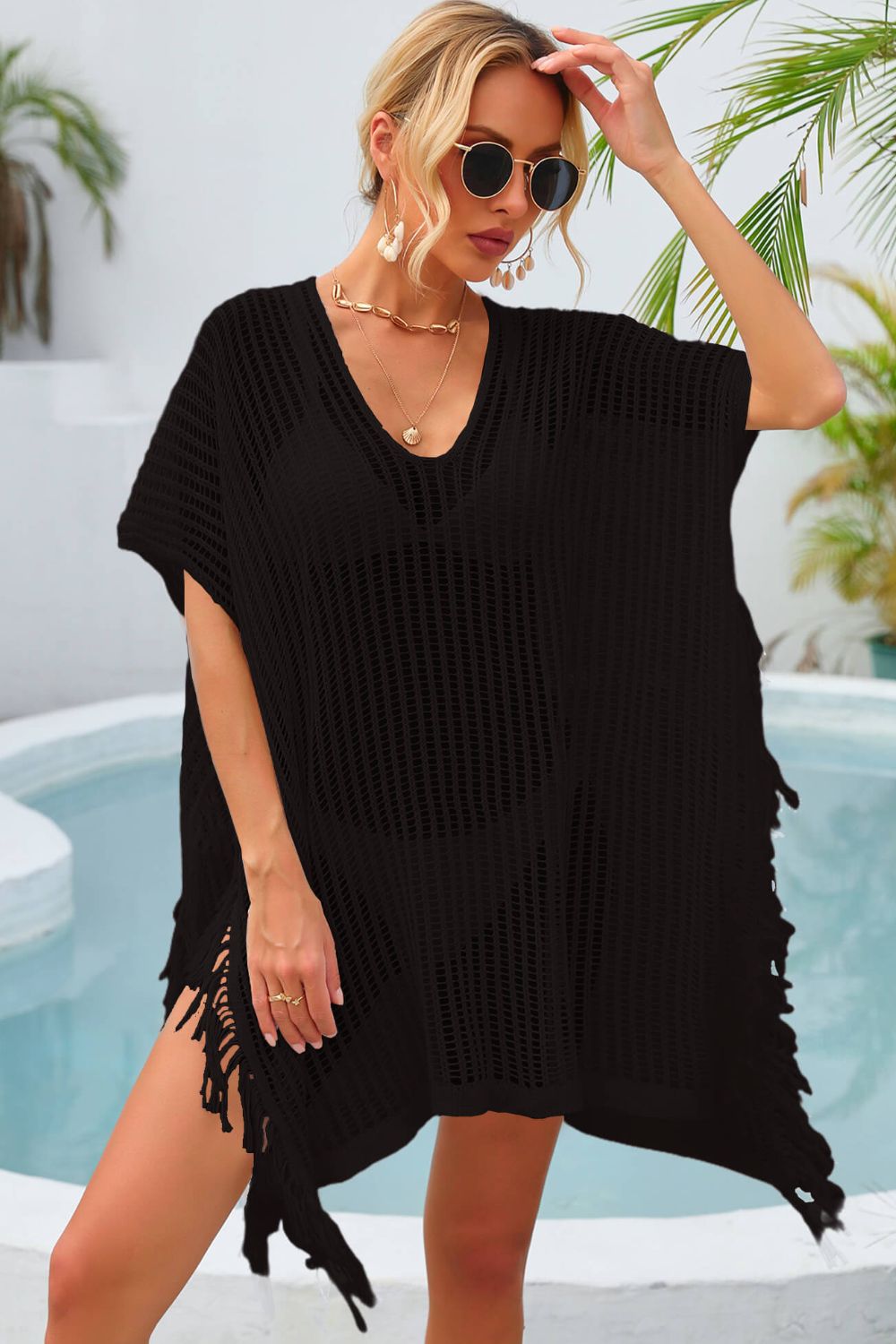 Fringe Trim Openwork Cover Up-Teresa&#39;s Fashionista LLC