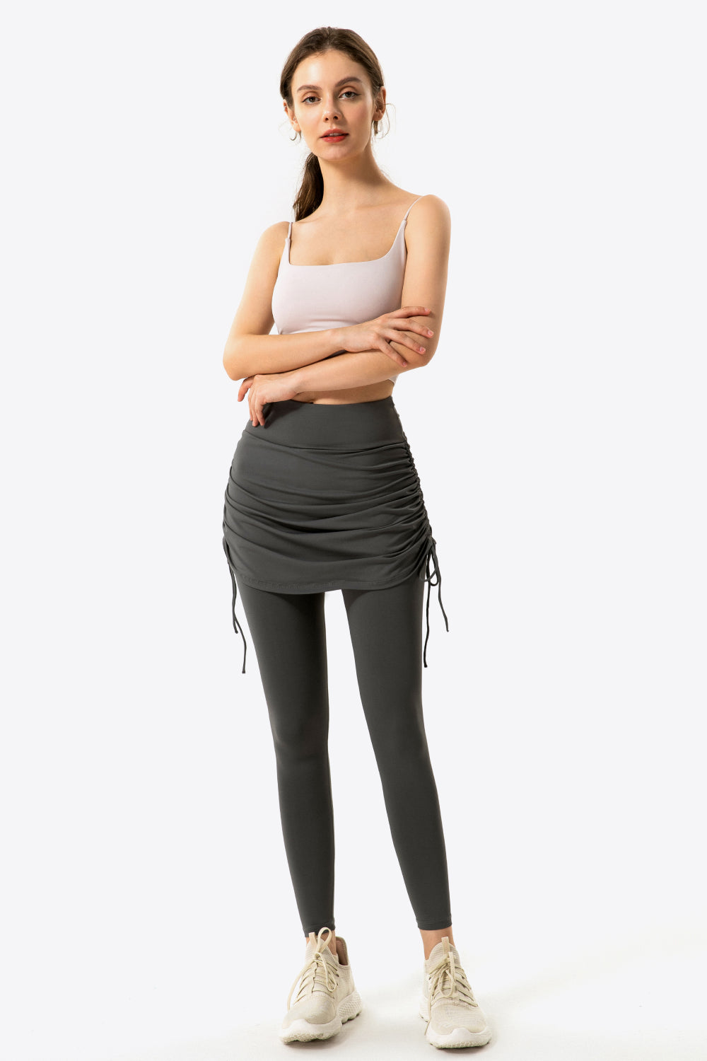 Drawstring Ruched Faux Layered Yoga Leggings-Teresa&#39;s Fashionista LLC