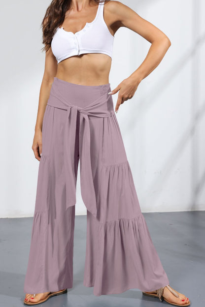 Tie Front Smocked Tiered Culottes-Teresa&#39;s Fashionista LLC