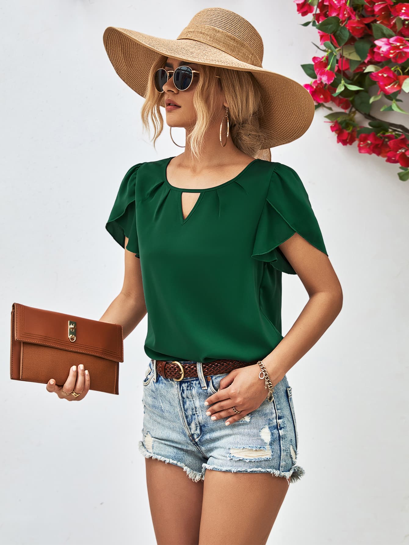 Cutout Round Neck Petal Sleeve Blouse-Teresa&#39;s Fashionista LLC