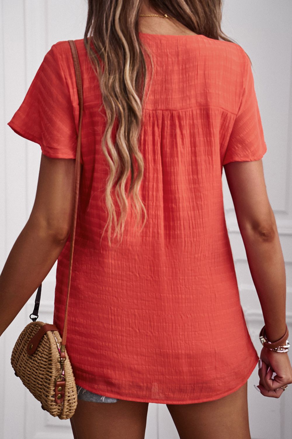 Quarter-Button Round Neck Short Sleeve Top-Teresa&#39;s Fashionista LLC