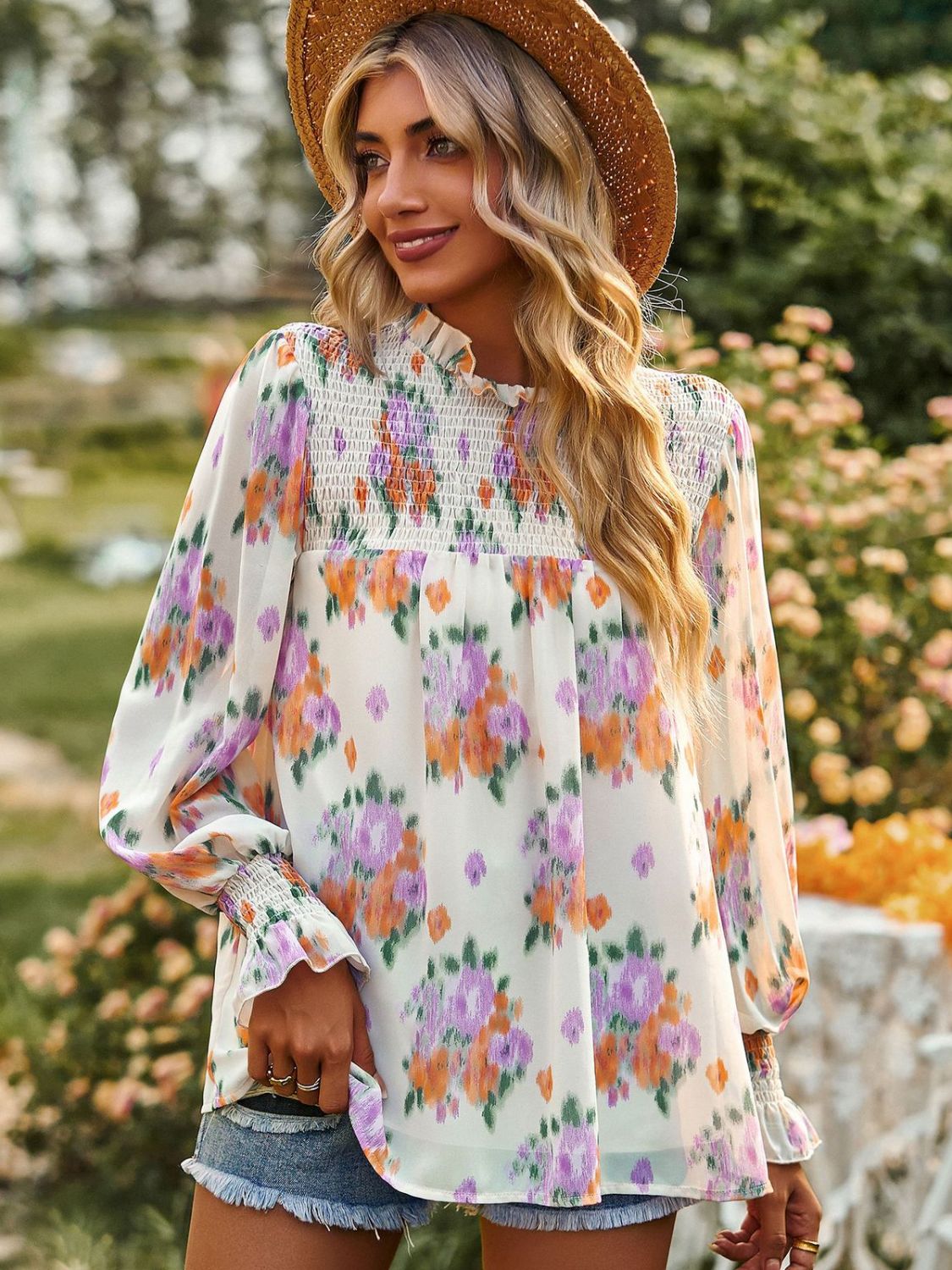 Floral Smocked Lantern Sleeve Blouse-Teresa&#39;s Fashionista LLC