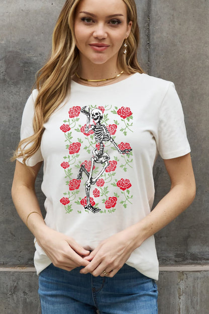 Simply Love Full Size Skeleton & Rose Graphic Cotton Tee-Teresa&#39;s Fashionista LLC