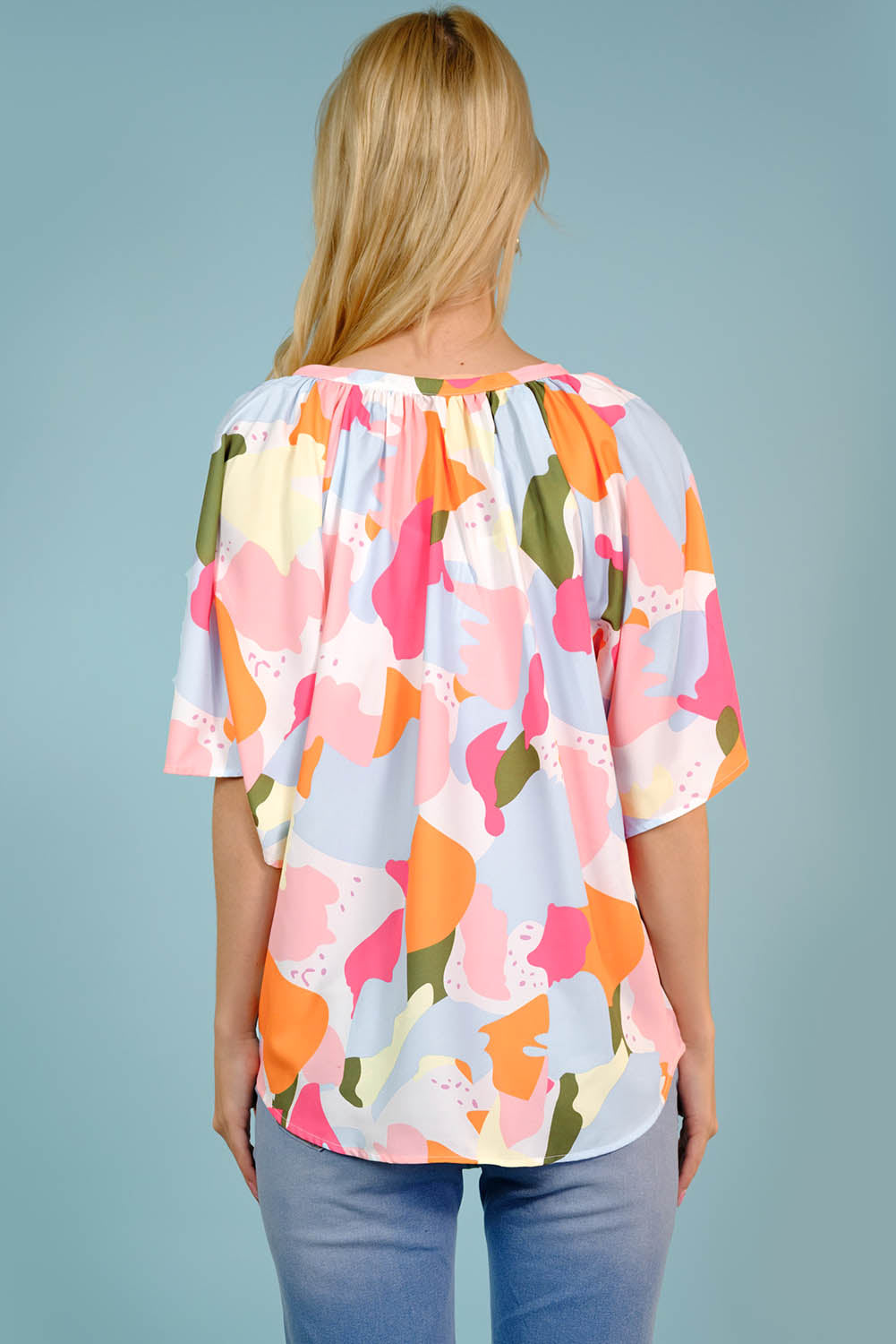 Printed Notched Neck Half Sleeve Blouse-Teresa&#39;s Fashionista LLC