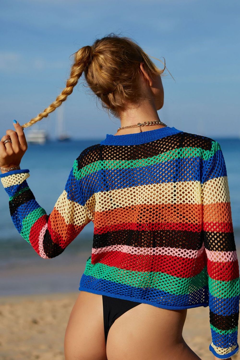 Rainbow Stripe Openwork Long Sleeve Cover-Up-Teresa&#39;s Fashionista LLC