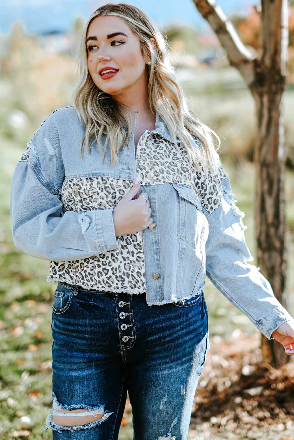 Plus Size Leopard Raw Hem Distressed Spliced Denim Jacket-Teresa&#39;s Fashionista LLC