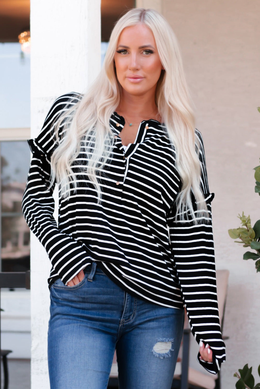 Striped Half Button Frill Trim Top-Teresa&#39;s Fashionista LLC