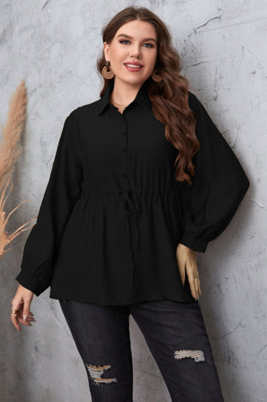 Plus Size Drawstring Waist Collared Neck Babydoll Blouse-Teresa&#39;s Fashionista LLC