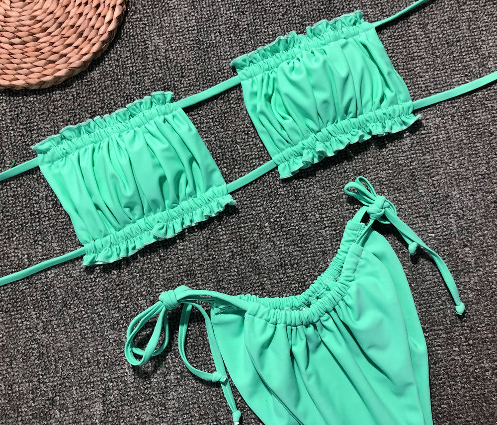 Frill Trim Ruched Bikini Set-Teresa&#39;s Fashionista LLC