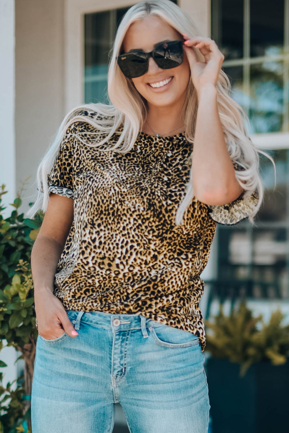 Women Leopard Short Flounce Sleeve Tee-Teresa&#39;s Fashionista LLC