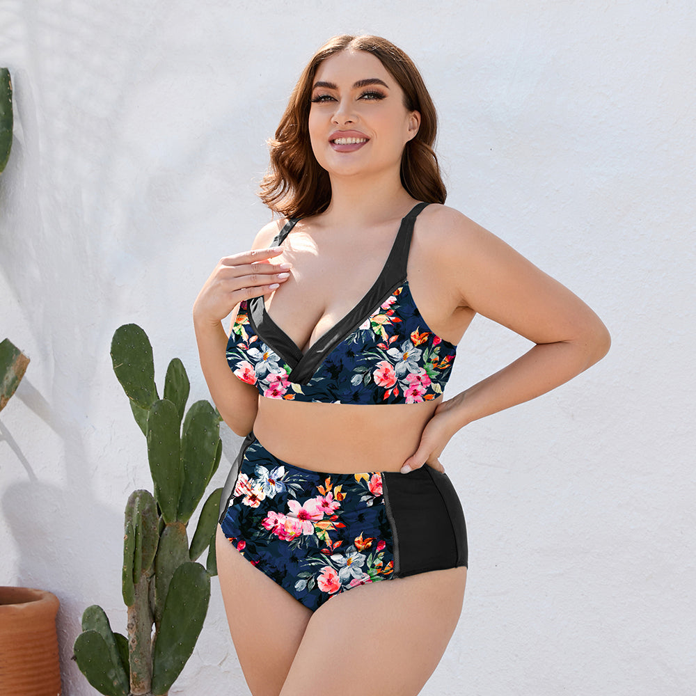 Plus Size Floral High Waist Two-Piece Swim Set-Teresa&#39;s Fashionista LLC