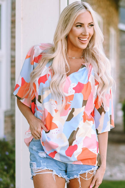 Printed Notched Neck Half Sleeve Blouse-Teresa&#39;s Fashionista LLC