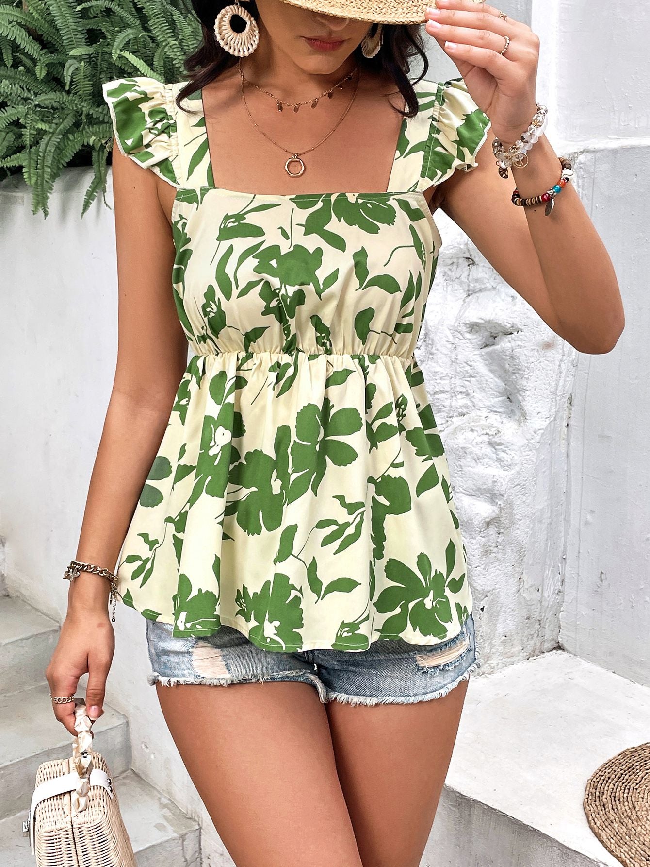 Tied Cutout Square Neck Butterfly Sleeve Babydoll Blouse-Teresa&#39;s Fashionista LLC