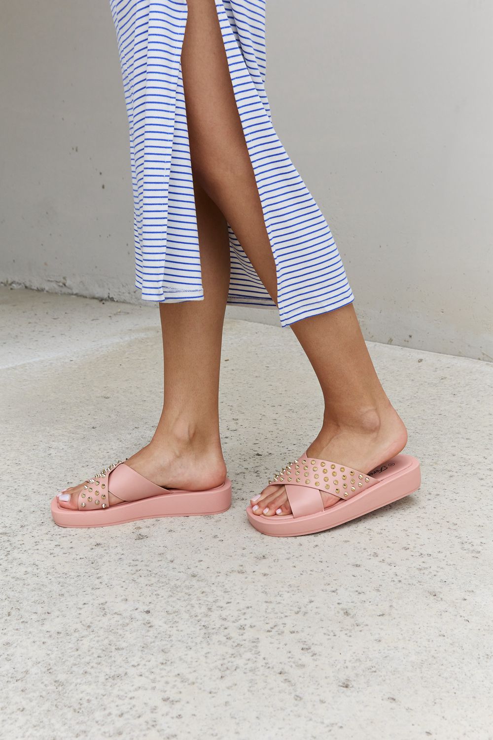 Forever Link Studded Cross Strap Sandals in Blush-Teresa&#39;s Fashionista LLC