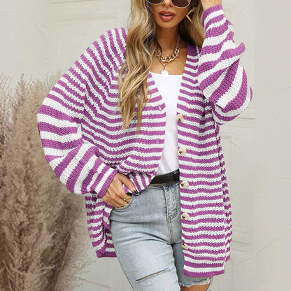 Striped Button Down Long Sleeve Cardigan-Teresa&#39;s Fashionista LLC