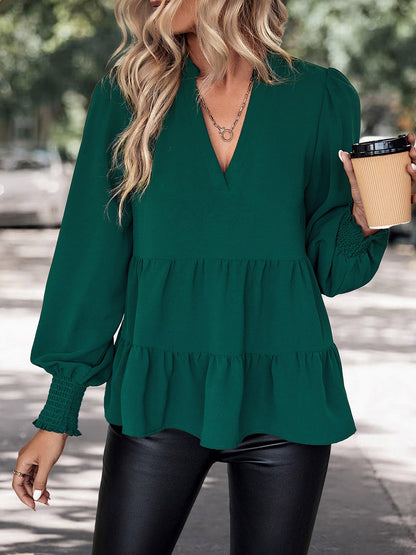 Notched Neck Lantern Sleeve Blouse-Teresa&#39;s Fashionista LLC