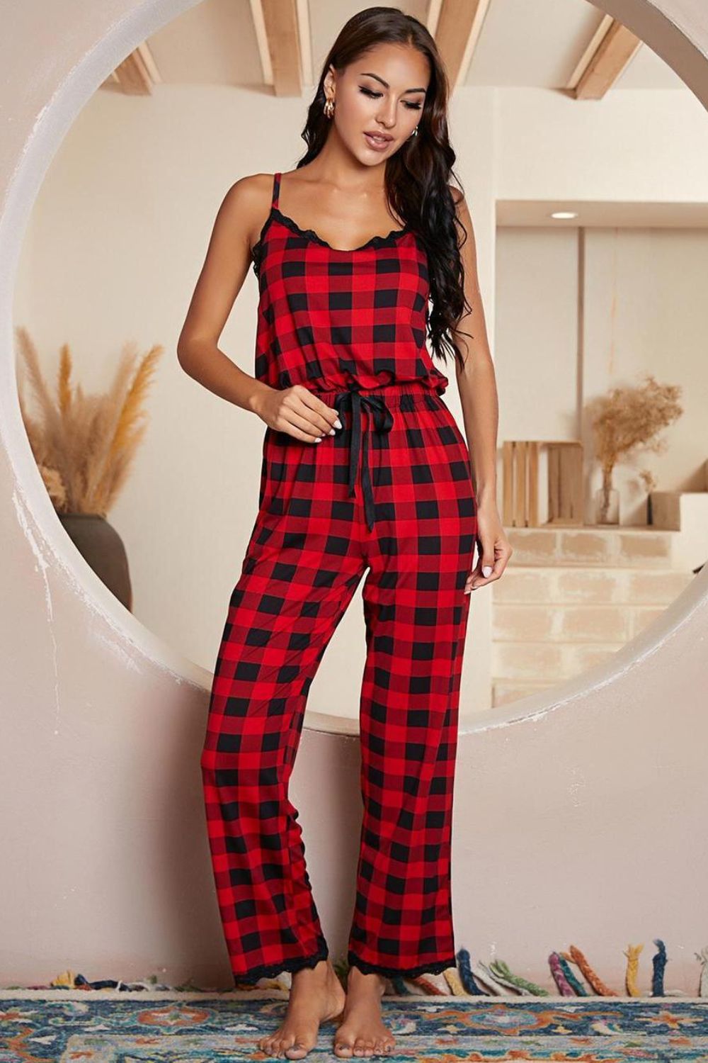 Plaid Lace Trim Spaghetti Strap Jumpsuit-Teresa&#39;s Fashionista LLC