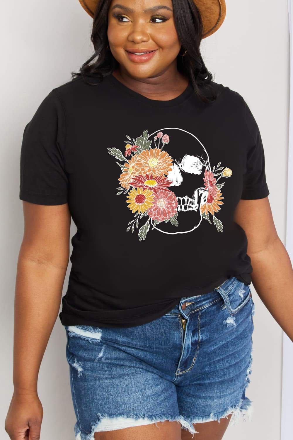 Simply Love Full Size Flower Skull Graphic Cotton Tee-Teresa&#39;s Fashionista LLC