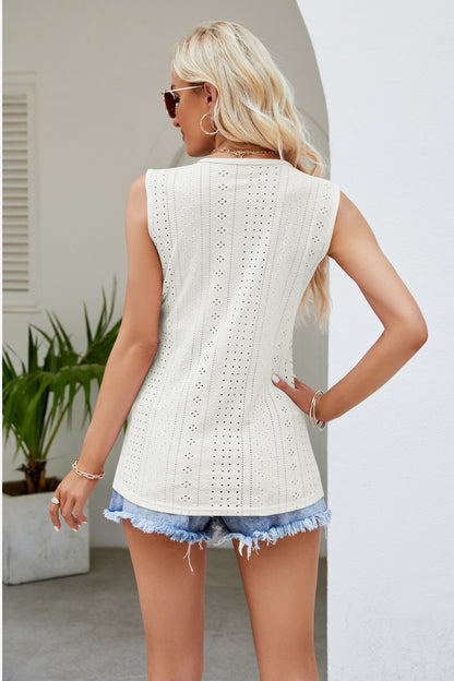 Contrast V-Neck Eyelet Tank-Teresa&#39;s Fashionista LLC