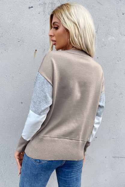 Color Block Ribbed Trim Round Neck Knit Pullover-Teresa&#39;s Fashionista LLC