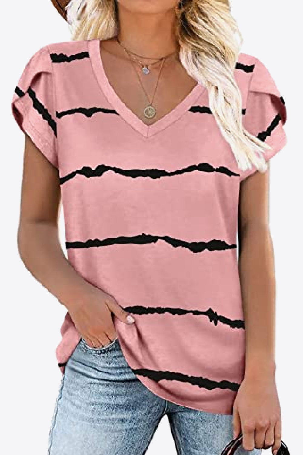 Printed Petal Sleeve V-Neck Blouse-Teresa&#39;s Fashionista LLC