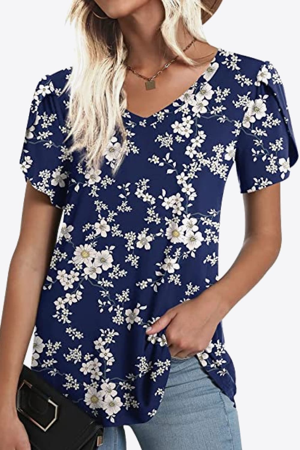 Printed Petal Sleeve V-Neck Blouse-Teresa&#39;s Fashionista LLC