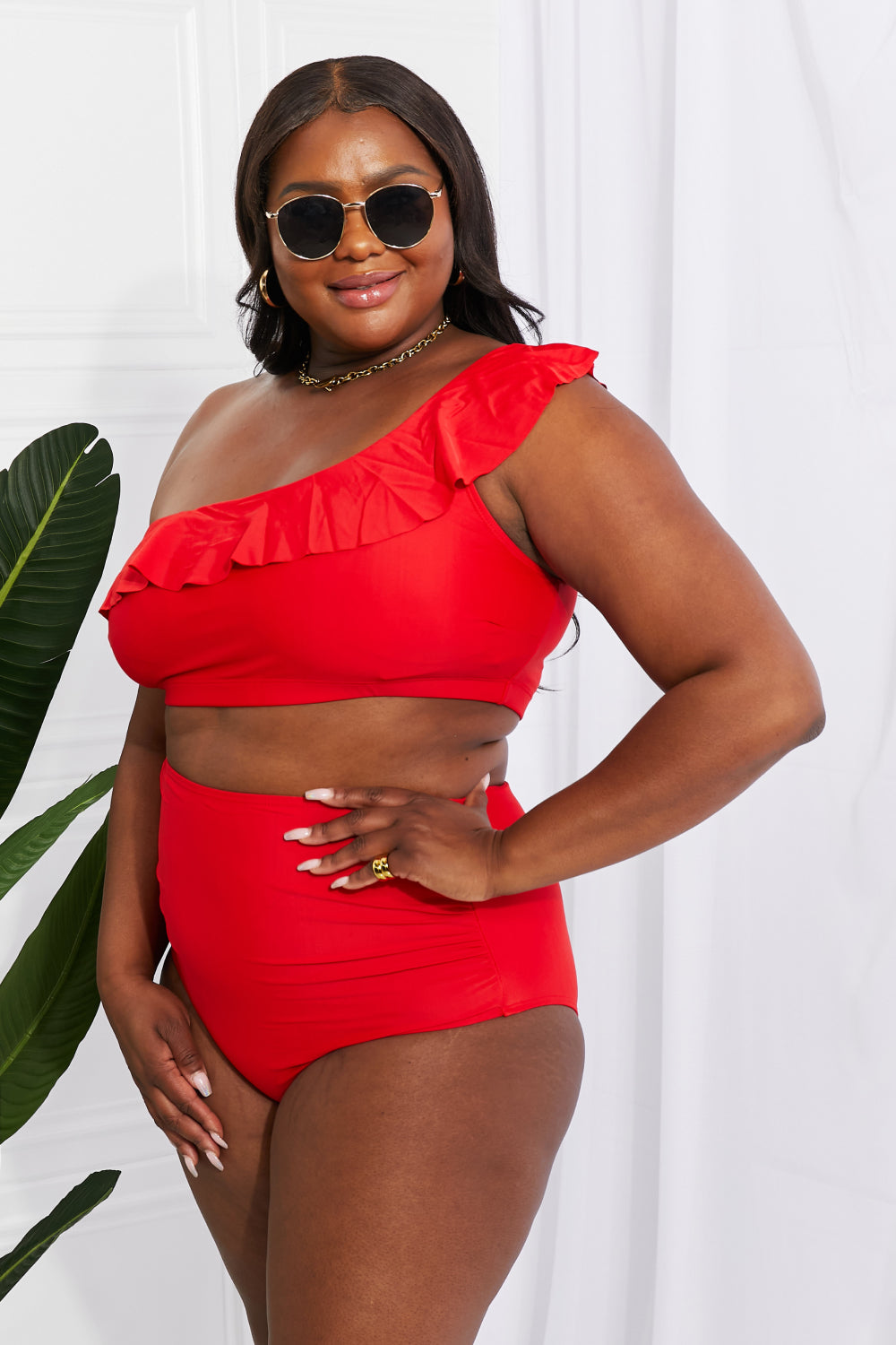 Marina West Swim Seaside Romance Ruffle One-Shoulder Bikini in Red-Teresa&#39;s Fashionista LLC