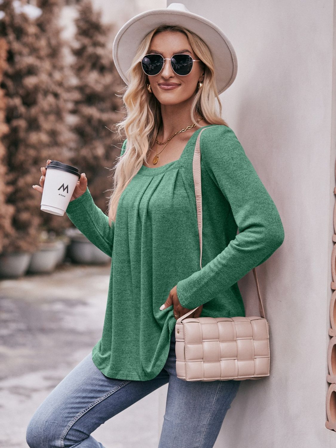 Pleated Detail Curved Hem Long Sleeve Top-Teresa&#39;s Fashionista LLC