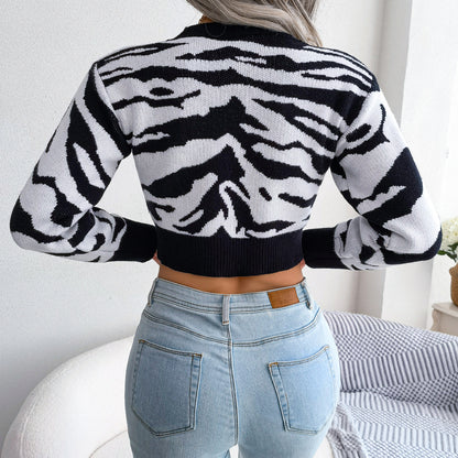 Tiger Print Mock Neck Cropped Sweater-Teresa&#39;s Fashionista LLC