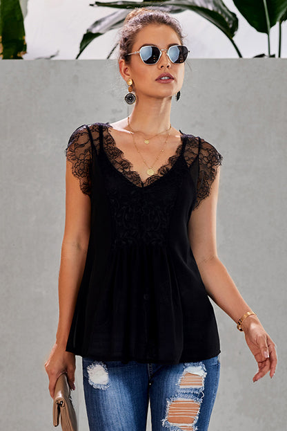 Eyelash Trim Spliced Lace V-Neck Tank-Teresa&#39;s Fashionista LLC