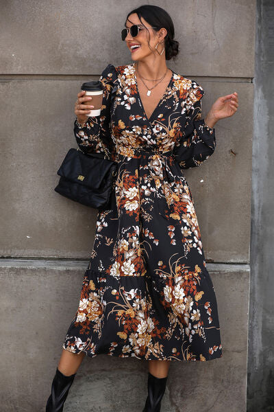 Floral Surplice Tie Front Ruffle Hem Midi Dress-Teresa&#39;s Fashionista LLC