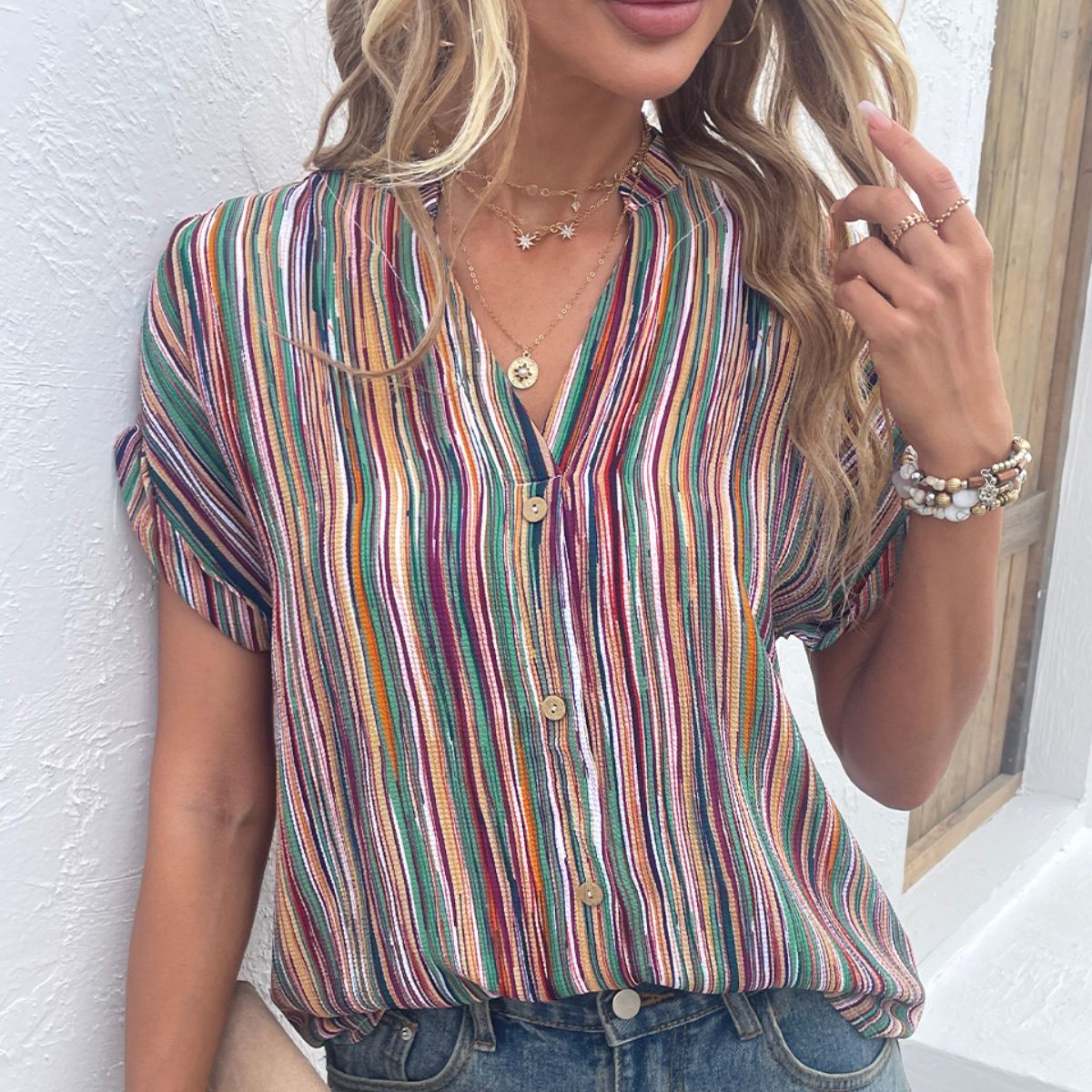 Multicolored Stripe Notched Neck Top-Teresa&#39;s Fashionista LLC