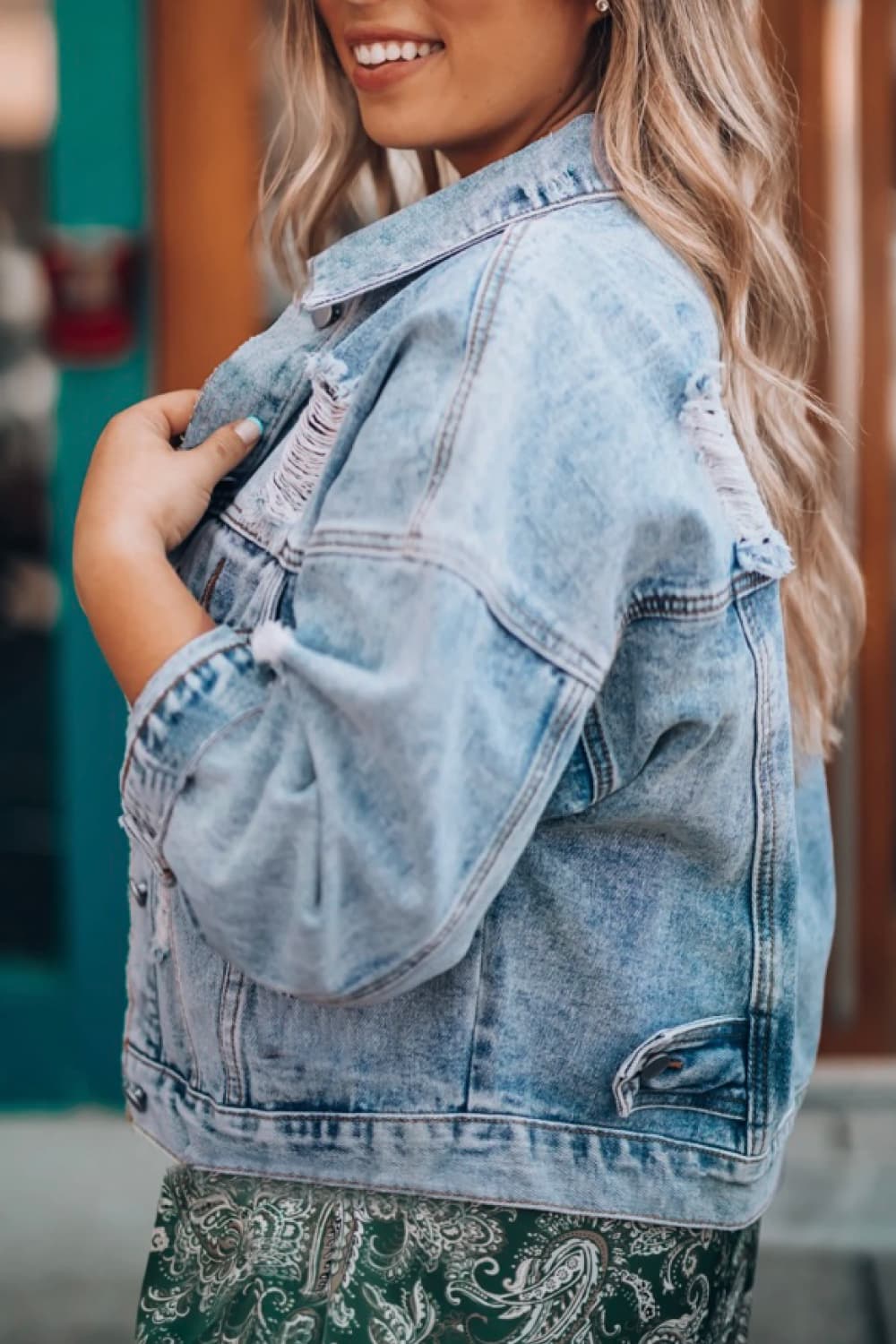 Distressed Drop Shoulder Denim Jacket-Teresa&#39;s Fashionista LLC