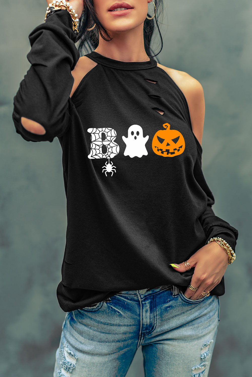 Cold Shoulder Boo Graphic Distressed Blouse-Teresa&#39;s Fashionista LLC